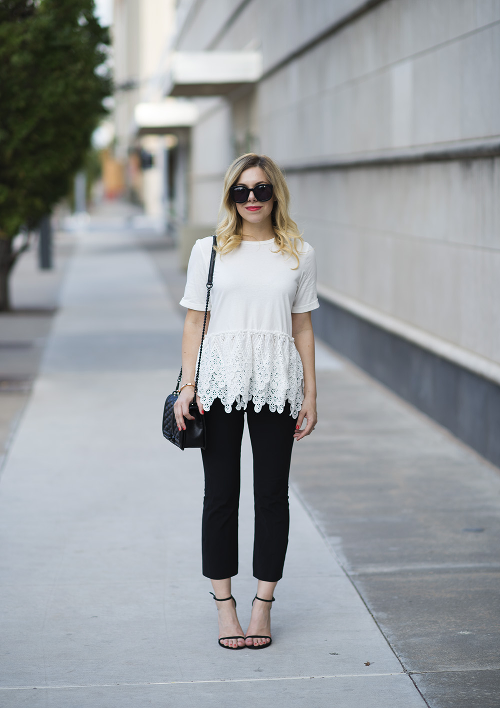 Workwear Chic + lace peplum top - Allyson in Wonderland